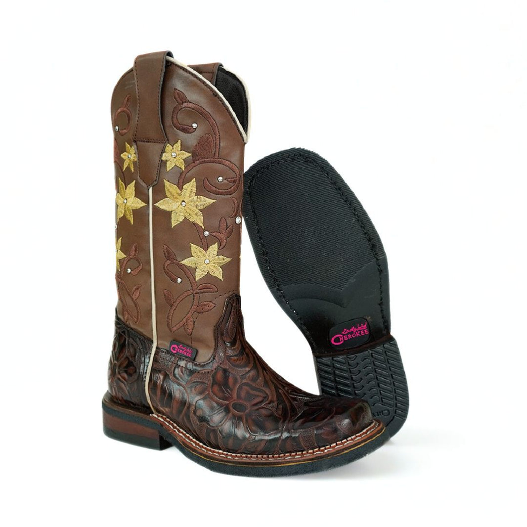Bota de Dama Rodeo Cuadrada Blanca con Bordado - La Sierra